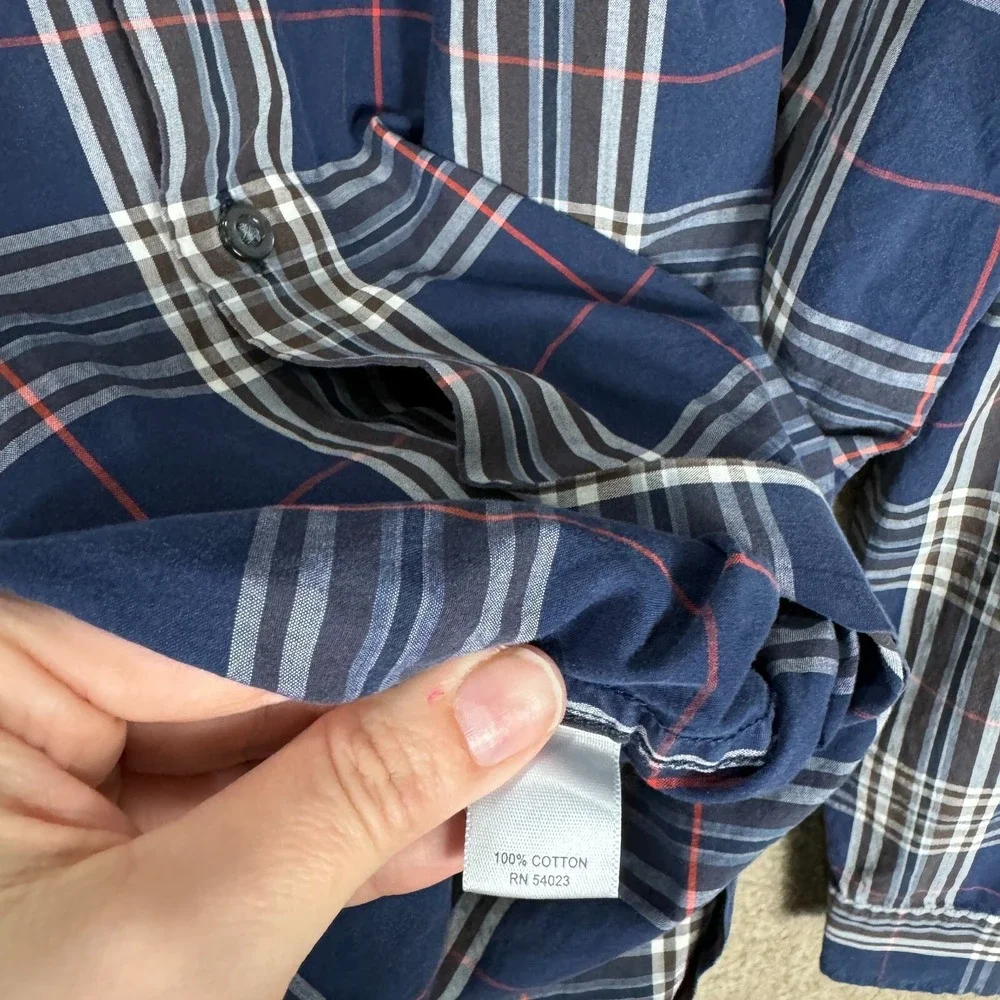 Banana Republic Shirt Men's Large 16-16.5 Navy Plaid Slim Fit Button Down Cotton